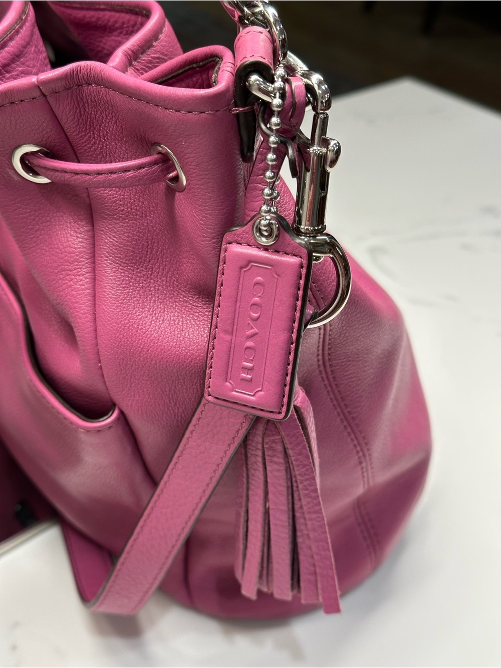 Coach Avery Fuchsia Pebbled Leather Drawstring Bucket Bag - Picture 4 of 15